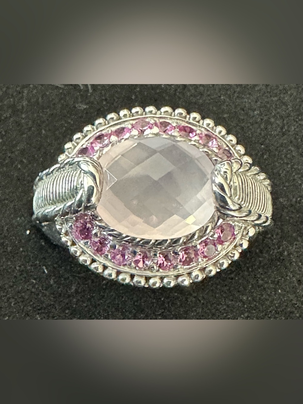 Judith Ripka 925 Sterling Rose Quartz & Pink Sapphire Statement Ring Sz 7
